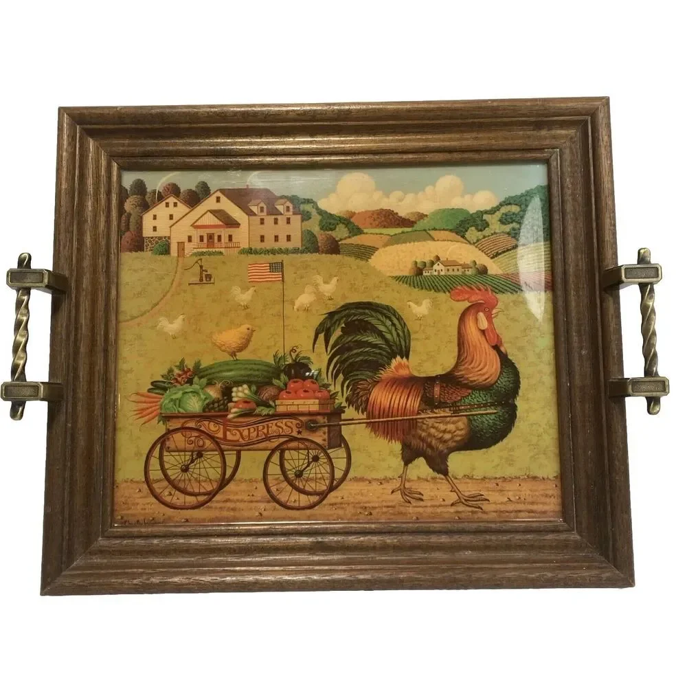 VTG Charles Wysocki Rooster Express Wood Lacquered Service Tray Wall Art Cottage